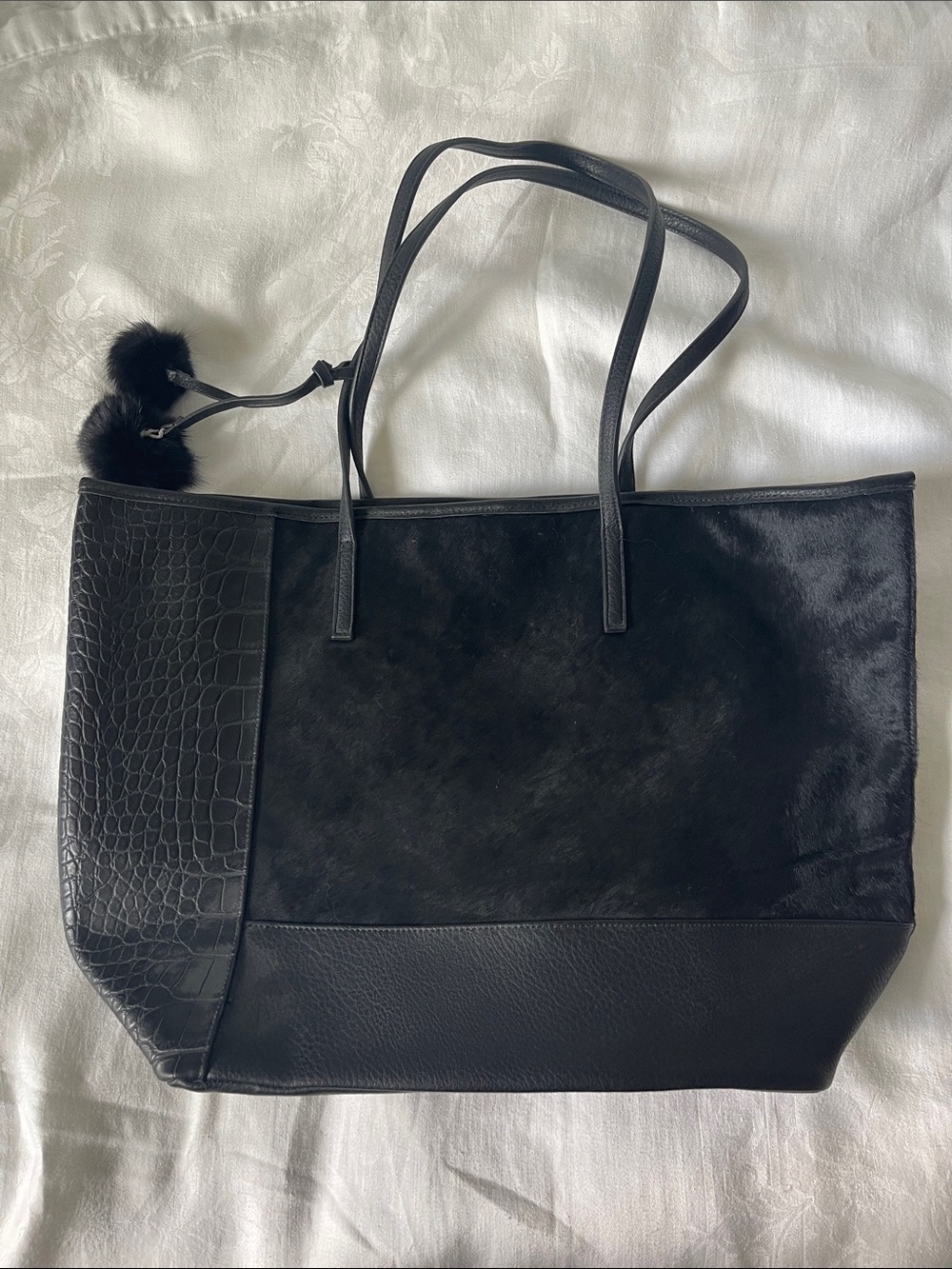 Sondra Roberts Black Mixed-Texture Tote with Pom Pom Charm